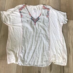 Johnny Was for Jackets & Tops Floral Embroidered Linen Stripe SS Top S